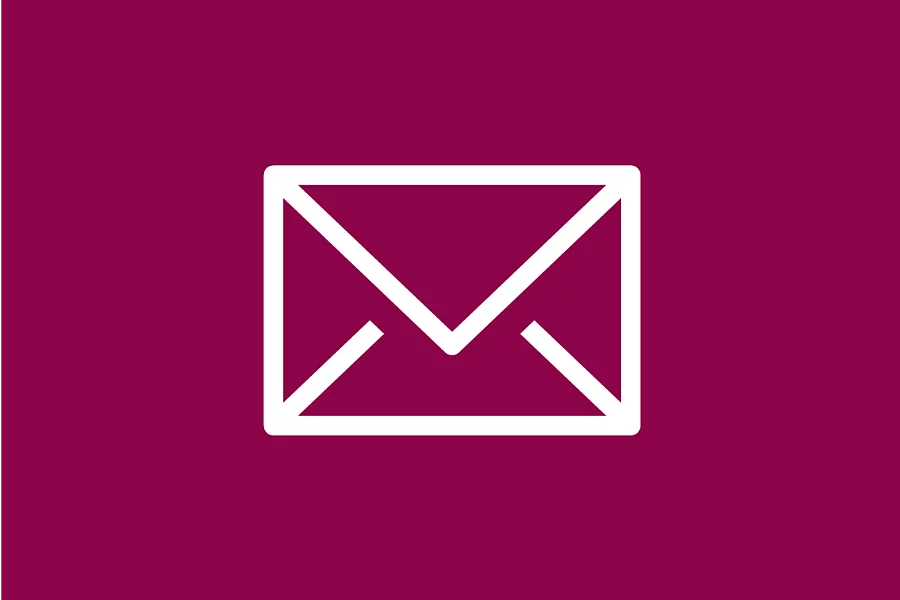 A white icon showing an envelope on a dark red background