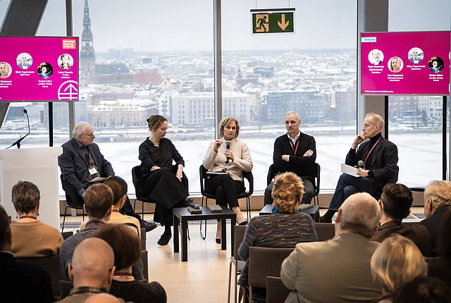 Panel of five participants (from left) Dainis Īvāns, Una Bergmane, Ineta Ziemele, Gints Jegermanis and Pauls Raudseps