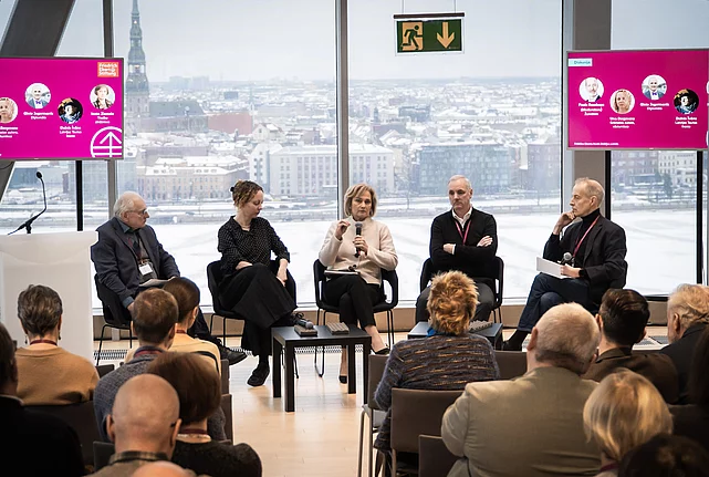 Panel of five participants (from left) Dainis Īvāns, Una Bergmane, Ineta Ziemele, Gints Jegermanis and Pauls Raudseps