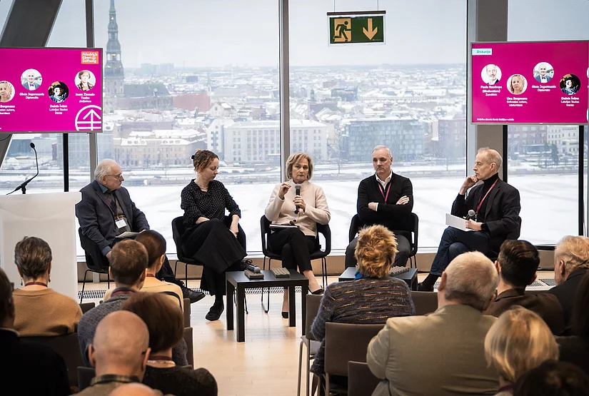 Panel of five participants (from left) Dainis Īvāns, Una Bergmane, Ineta Ziemele, Gints Jegermanis and Pauls Raudseps