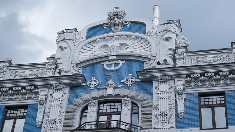  A blue and white Art Nouveau building in the Quiet Centre of Riga, Latvia