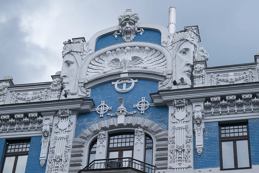  A blue and white Art Nouveau building in the Quiet Centre of Riga, Latvia